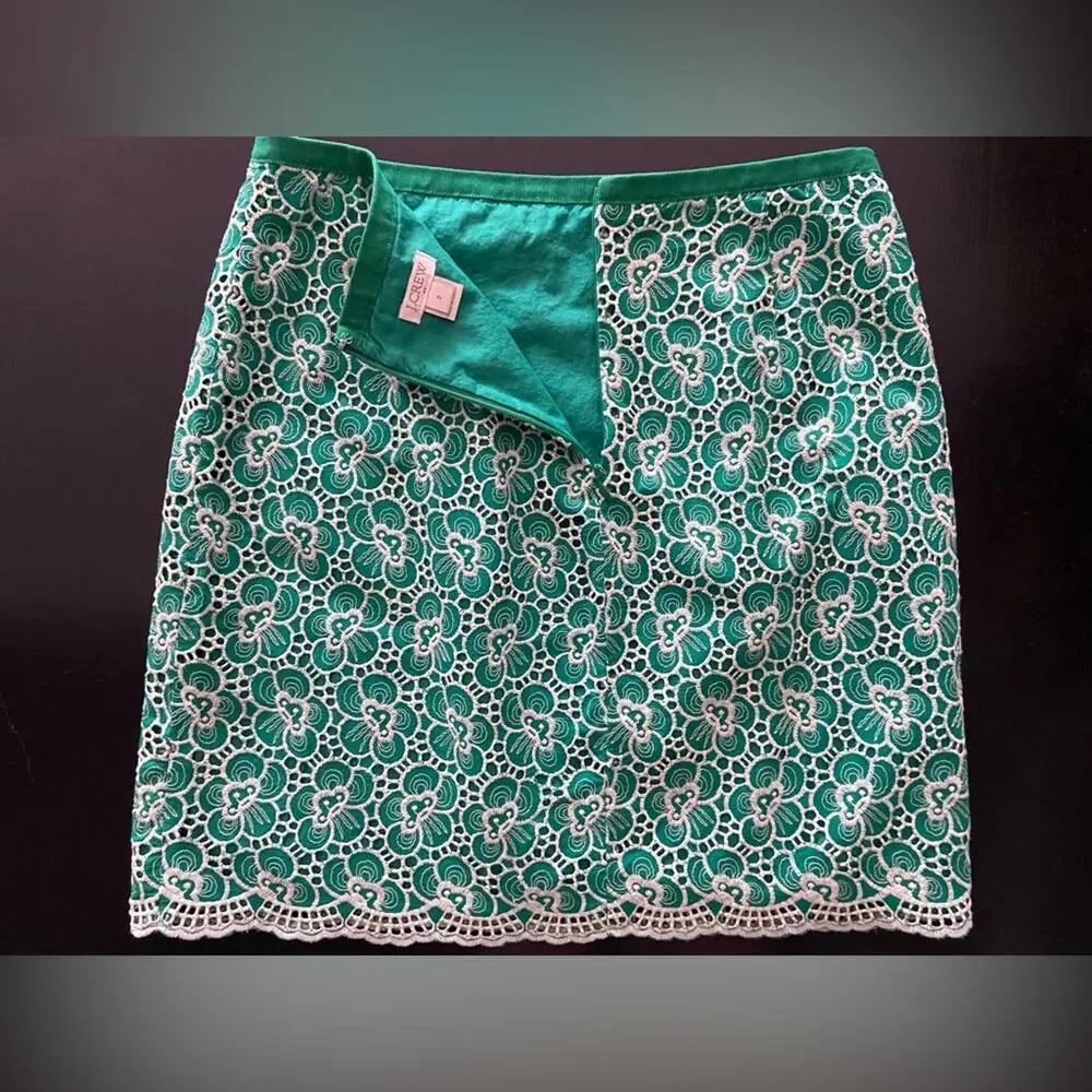 JCREW Green Embroidered Floral Mini Skirt sz 2